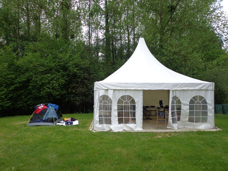 Our home next to the "party tent" at Camping du Chateau Vert. Does this mean we’re the life of the party?