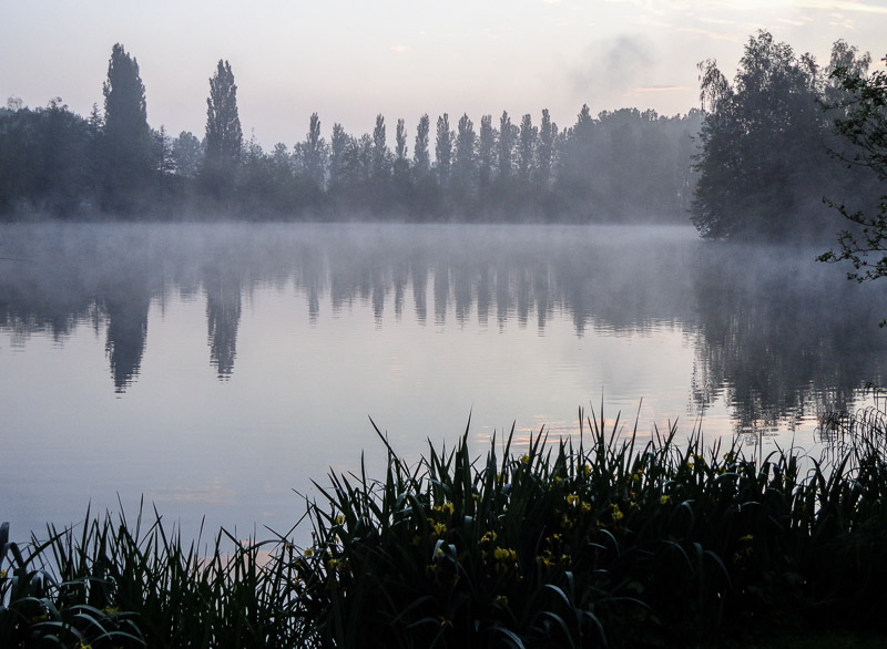 The mist coming off the pond at dawn at Camping du Chateau Vert